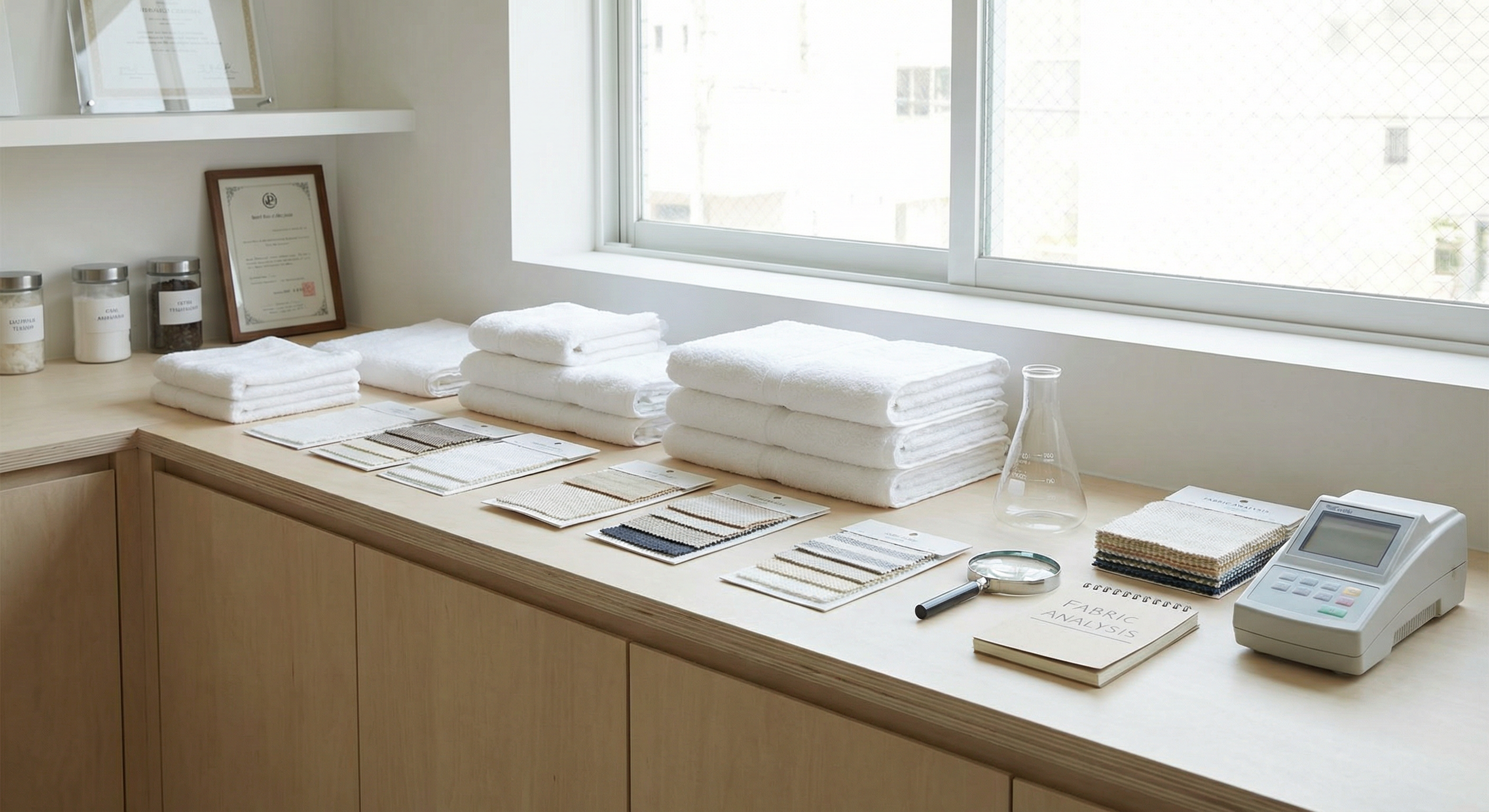 Professional textile care workspace with neatly folded towels and fabric samples, calm and minimal