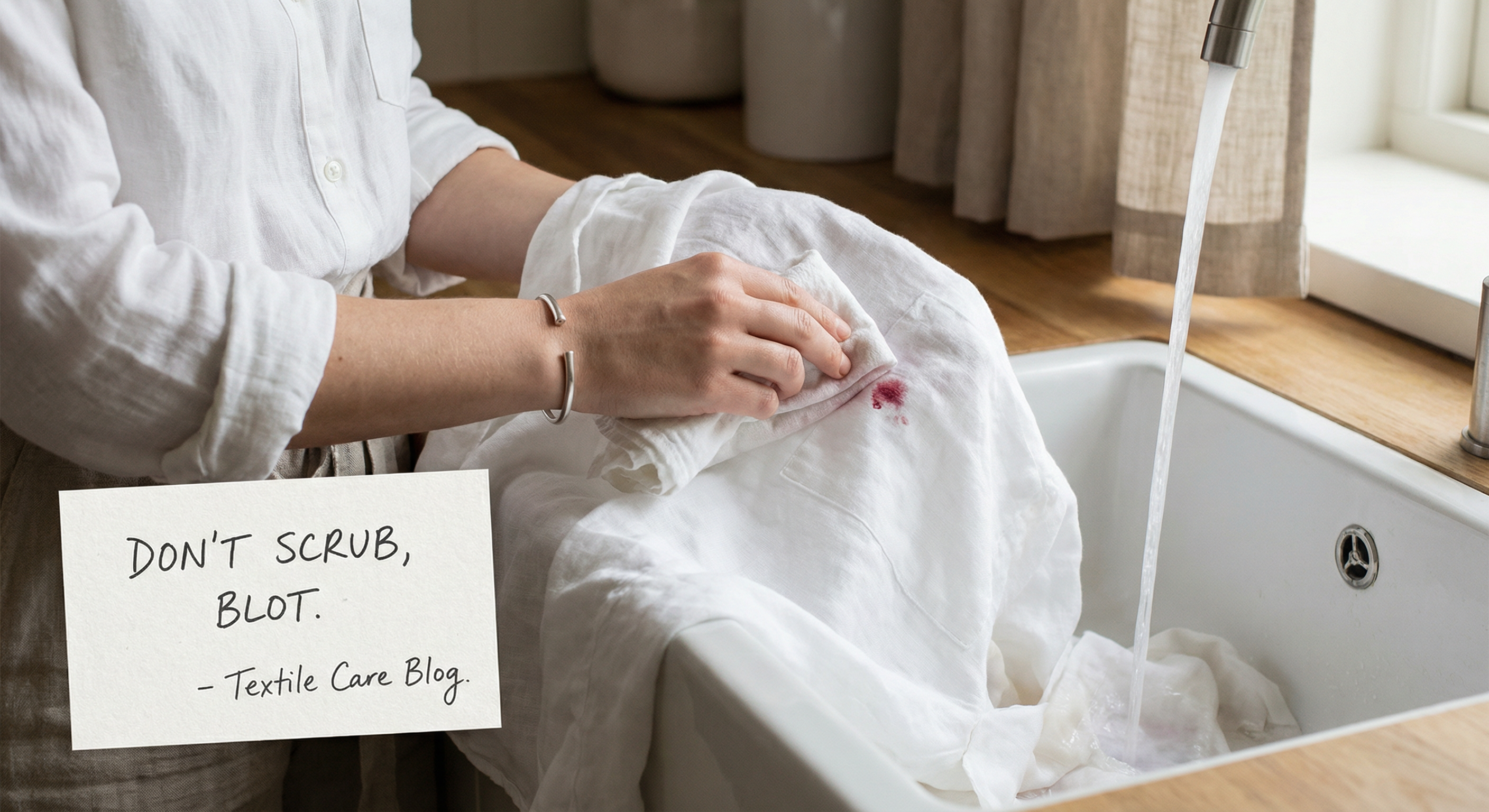 Blotting a stain gently on white fabric