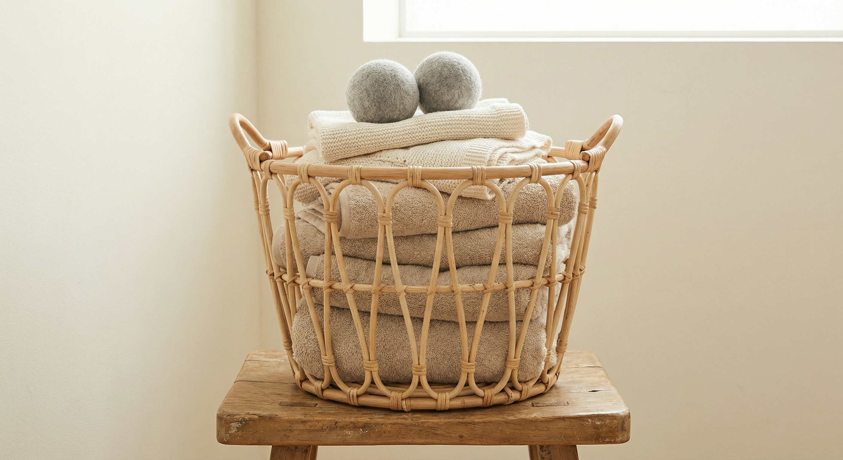 Wool dryer balls and folded laundry on soft linen, calm aesthetic