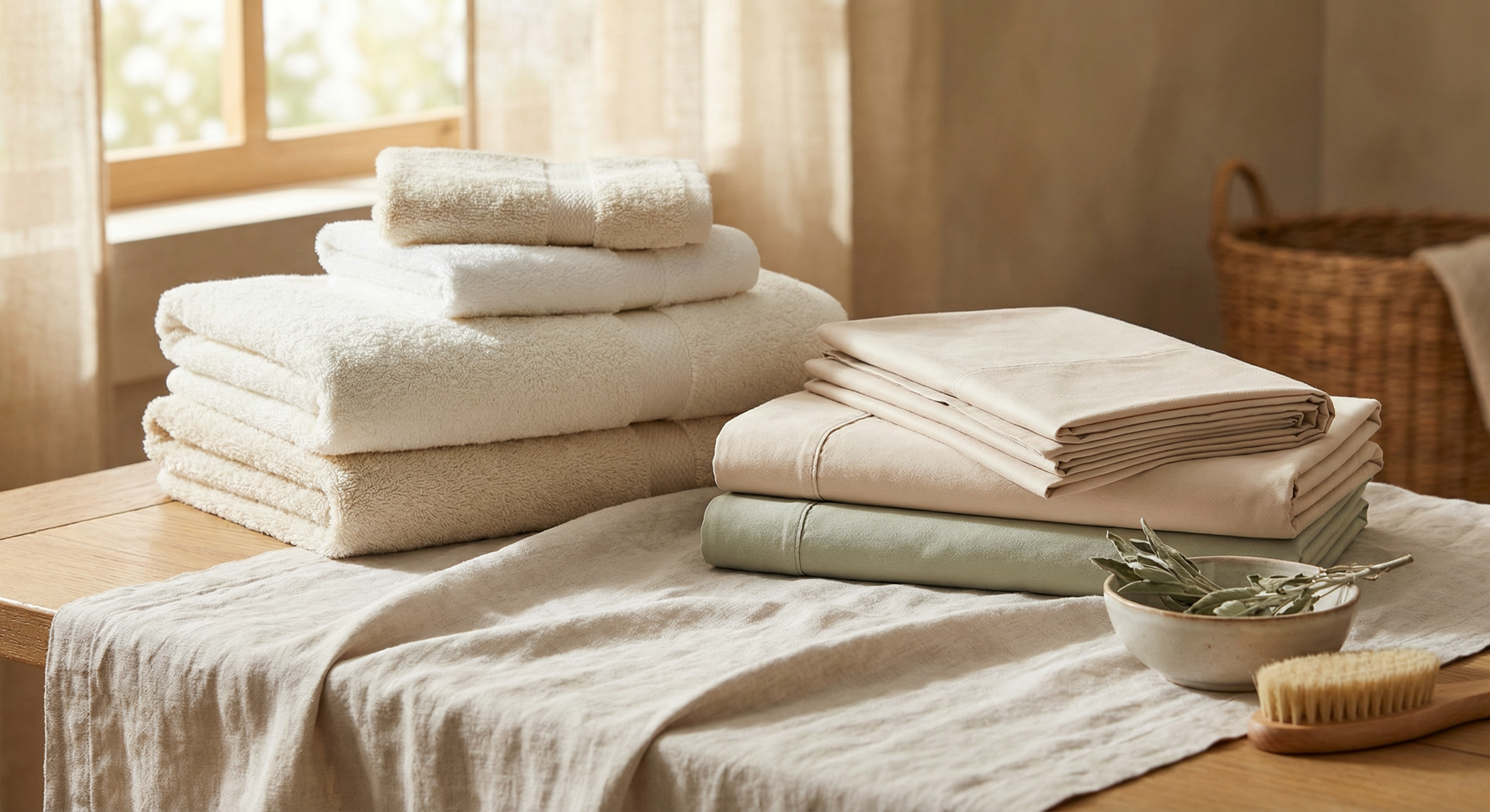 Plush white towels and soft folded linens on pale linen