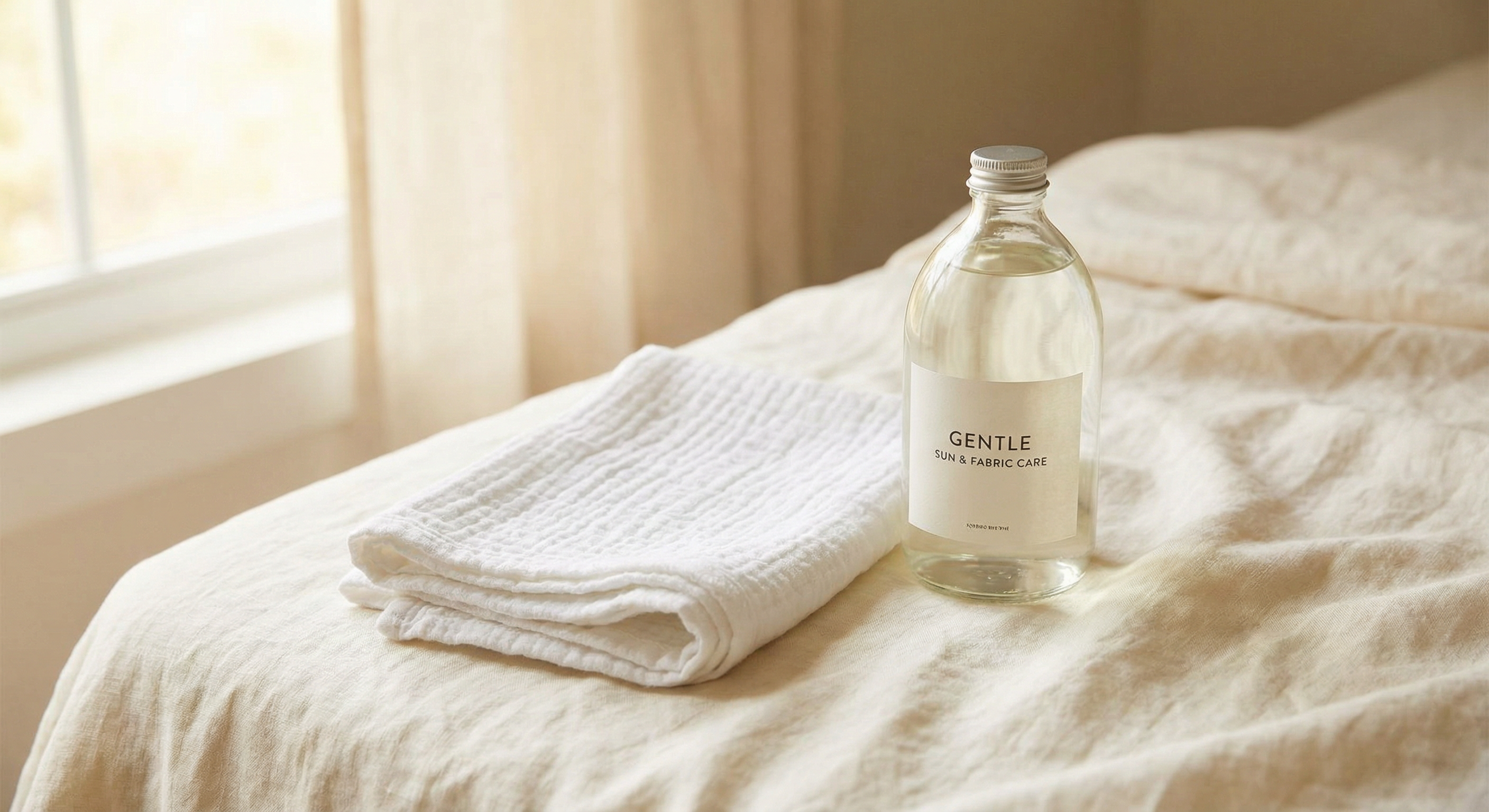 Sunscreen and clean cloth on pale linen, calm aesthetic